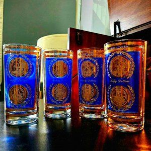 Sold*Vintage Culver Blue and 22k Gold Coin Highball Cocktail Glasses - Set of 4